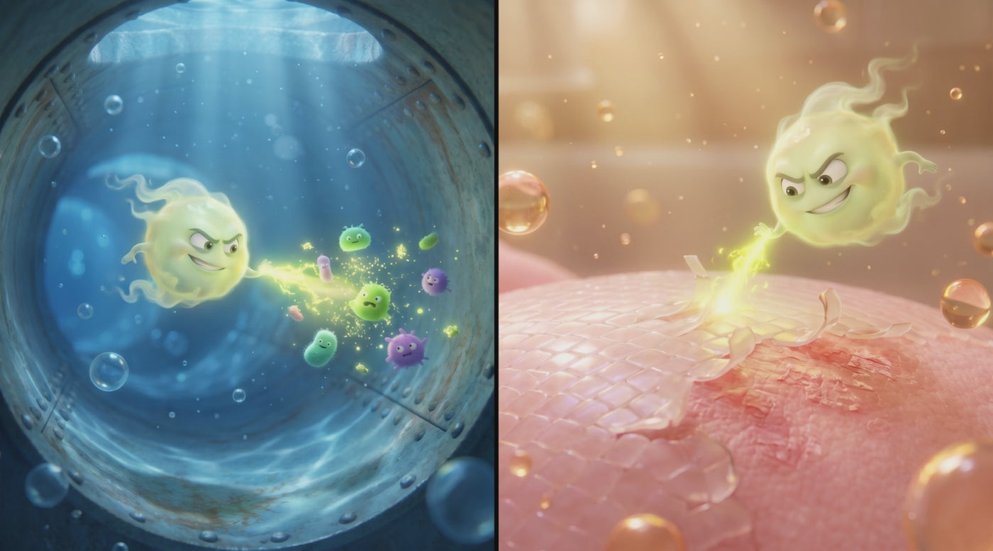 Chlorine kills germs in the pipes, then dries out the skin barrier in the bath